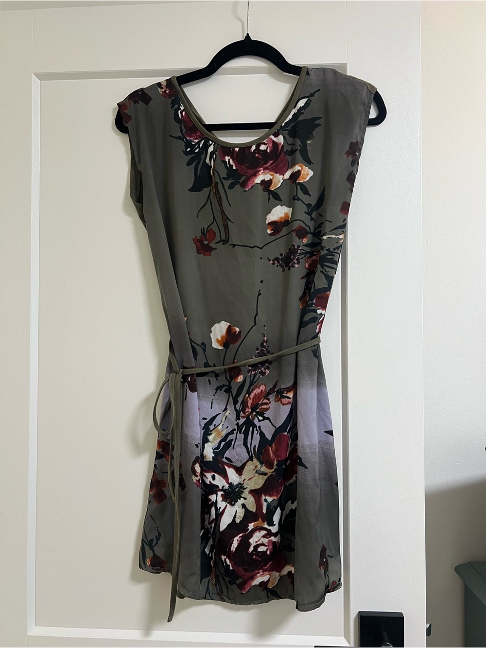 Yest Olive Green and Grey Floral Belted Women’s Dress